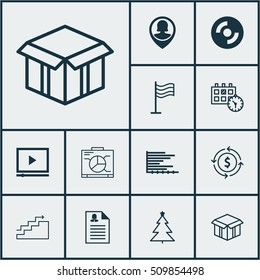 Set Of 12 Universal Editable Icons. Can Be Used For Web, Mobile And App Design. Includes Icons Such As Video Player, Bars Chart, Pin And More.
