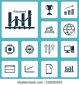 Set Of 12 Universal Editable Icons. Can Be Used For Web, Mobile And App Design. Includes Icons Such As Decision Making, Desktop Computer, Keyword Optimisation And More.