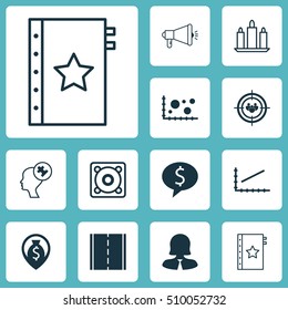 Set Of 12 Universal Editable Icons. Can Be Used For Web, Mobile And App Design. Includes Icons Such As Line Graph, Media Campaign, Human Mind And More.