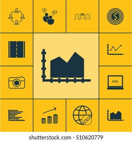 Set Of 12 Universal Editable Icons. Can Be Used For Web, Mobile And App Design. Includes Icons Such As Coins Growth, Bars Chart, Digital Media And More.