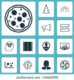 Set Of 12 Universal Editable Icons. Can Be Used For Web, Mobile And App Design. Includes Icons Such As Decorated Tree, Cooperation, Brain Process And More.