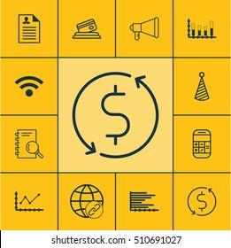 Set Of 12 Universal Editable Icons. Can Be Used For Web, Mobile And App Design. Includes Icons Such As Wireless, Birthday Hat, Analysis And More.