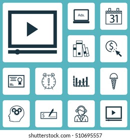 Set Of 12 Universal Editable Icons. Can Be Used For Web, Mobile And App Design. Includes Icons Such As Date, PPC, Video Player And More.