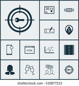 Set Of 12 Universal Editable Icons. Can Be Used For Web, Mobile And App Design. Includes Icons Such As Champagne Glasses, Coding, Business Woman And More.