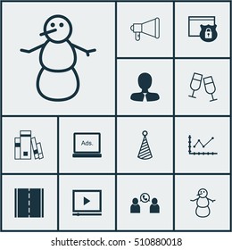 Set Of 12 Universal Editable Icons. Can Be Used For Web, Mobile And App Design. Includes Icons Such As Manager, Photo Camera, Library And More.