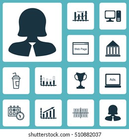 Set Of 12 Universal Editable Icons. Can Be Used For Web, Mobile And App Design. Includes Icons Such As Profit Graph, Business Woman, Website And More.