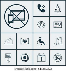 Set Of 12 Universal Editable Icons. Can Be Used For Web, Mobile And App Design. Includes Icons Such As Decorated Tree, Agenda, Crotchets And More.