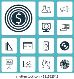 Set Of 12 Universal Editable Icons. Can Be Used For Web, Mobile And App Design. Includes Icons Such As Measurement, Business Goal, Champagne Glasses And More.