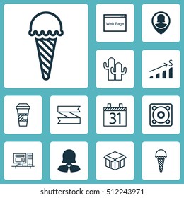 Set Of 12 Universal Editable Icons. Can Be Used For Web, Mobile And App Design. Includes Icons Such As Date, Business Woman, Takeaway Coffee And More.