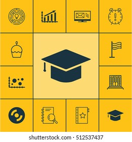 Set Of 12 Universal Editable Icons. Can Be Used For Web, Mobile And App Design. Includes Icons Such As Birthday Cake, Graduation, Time Management And More.