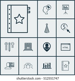Set Of 12 Universal Editable Icons. Can Be Used For Web, Mobile And App Design. Includes Icons Such As Birthday Hat, Cooperation, Keyword Optimisation And More.