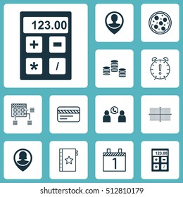 Set Of 12 Universal Editable Icons. Can Be Used For Web, Mobile And App Design. Includes Icons Such As Phone Conference, Bank Card, Pizza Meal And More.