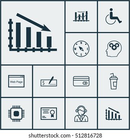 Set Of 12 Universal Editable Icons. Can Be Used For Web, Mobile And App Design. Includes Icons Such As Fail Graph, Brain Process, Drink Cup And More.