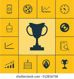 Set Of 12 Universal Editable Icons. Can Be Used For Web, Mobile And App Design. Includes Icons Such As Celebration Cake, Successful Investment, Birthday Cake And More.