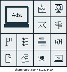 Set Of 12 Universal Editable Icons. Can Be Used For Web, Mobile And App Design. Includes Icons Such As Circle Graph, Hotel Construction, Opportunity And More.
