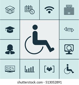 Set Of 12 Universal Editable Icons. Can Be Used For Web, Mobile And App Design. Includes Icons Such As Open Cardboard, Graduation, Accessibility And More.