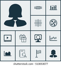 Set Of 12 Universal Editable Icons. Can Be Used For Web, Mobile And App Design. Includes Icons Such As Business Woman, Stock Market, Pizza Meal And More.