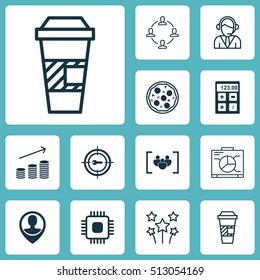 Set Of 12 Universal Editable Icons. Can Be Used For Web, Mobile And App Design. Includes Icons Such As Takeaway Coffee, Coins Growth, Chip And More.