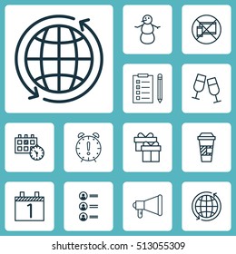 Set Of 12 Universal Editable Icons. Can Be Used For Web, Mobile And App Design. Includes Icons Such As Champagne Glasses, Winter, Reminder And More.
