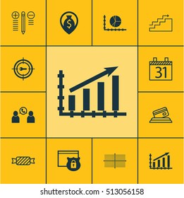 Set Of 12 Universal Editable Icons. Can Be Used For Web, Mobile And App Design. Includes Icons Such As Growth, Credit Card, Date And More.