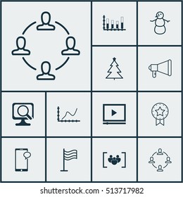 Set Of 12 Universal Editable Icons. Can Be Used For Web, Mobile And App Design. Includes Icons Such As Decorated Tree, Video Player, Achievement Graph And More.
