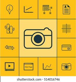 Set Of 12 Universal Editable Icons. Can Be Used For Web, Mobile And App Design. Includes Icons Such As Info Pointer, Graphical Grid, Video Player And More.