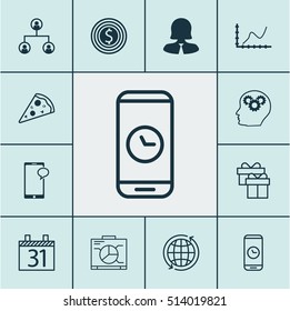 Set Of 12 Universal Editable Icons. Can Be Used For Web, Mobile And App Design. Includes Icons Such As Business Woman, Brain Process, Present And More.