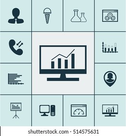 Set Of 12 Universal Editable Icons. Can Be Used For Web, Mobile And App Design. Includes Icons Such As Bars Chart, Desktop Computer, Frozen Food And More.