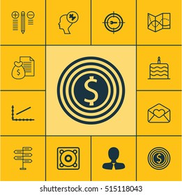 Set Of 12 Universal Editable Icons. Can Be Used For Web, Mobile And App Design. Includes Icons Such As Road Map, Music, Line Graph And More.