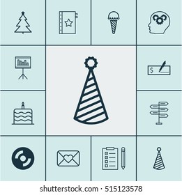 Set Of 12 Universal Editable Icons. Can Be Used For Web, Mobile And App Design. Includes Icons Such As Birthday Hat, Celebration Cake, Celebration Letter And More.