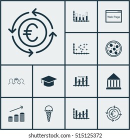 Set Of 12 Universal Editable Icons. Can Be Used For Web, Mobile And App Design. Includes Icons Such As Currency Recycle, Coins Growth, Segmented Bar Graph And More.