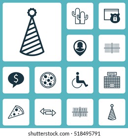 Set Of 12 Universal Editable Icons. Can Be Used For Web, Mobile And App Design. Includes Icons Such As Crossroad, Birthday Hat, Sliced Pizza And More.