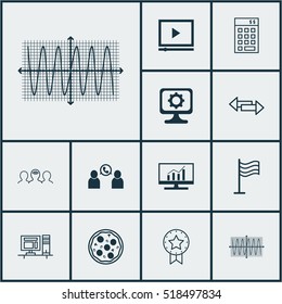 Set Of 12 Universal Editable Icons. Can Be Used For Web, Mobile And App Design. Includes Icons Such As Present Badge, Market Research, Sinus Graph And More.