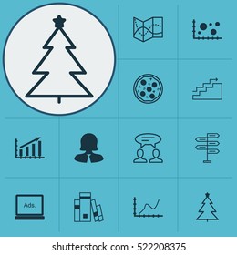 Set Of 12 Universal Editable Icons. Can Be Used For Web, Mobile And App Design. Includes Elements Such As Library, Achievement Graph, Dialogue And More.