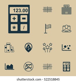 Set Of 12 Universal Editable Icons. Can Be Used For Web, Mobile And App Design. Includes Elements Such As Library, Comparison, Hotel Construction And More.