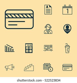 Set Of 12 Universal Editable Icons. Can Be Used For Web, Mobile And App Design. Includes Elements Such As Computer, Female Application, Bank Card And More.