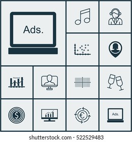 Set Of 12 Universal Editable Icons. Can Be Used For Web, Mobile And App Design. Includes Elements Such As Market Research, Square Diagram, Digital Media And More.