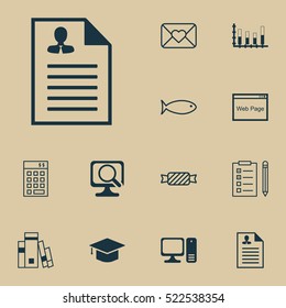 Set Of 12 Universal Editable Icons. Can Be Used For Web, Mobile And App Design. Includes Elements Such As Desktop Computer, Library, Fishing And More.