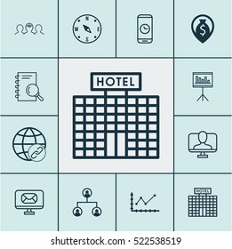 Set Of 12 Universal Editable Icons. Can Be Used For Web, Mobile And App Design. Includes Elements Such As Analysis, Presentation, Hotel Construction And More.
