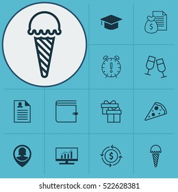 Set Of 12 Universal Editable Icons. Can Be Used For Web, Mobile And App Design. Includes Elements Such As Sliced Pizza, Pin Employee, Champagne Glasses And More.