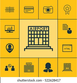 Set Of 12 Universal Editable Icons. Can Be Used For Web, Mobile And App Design. Includes Elements Such As Street, Hotel Construction, Market Research And More.