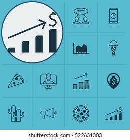 Set Of 12 Universal Editable Icons. Can Be Used For Web, Mobile And App Design. Includes Elements Such As Media Campaign, Coins Growth, Cacti And More.