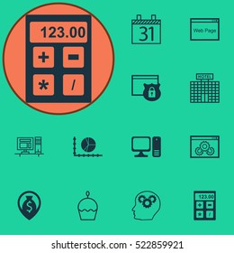 Set Of 12 Universal Editable Icons. Can Be Used For Web, Mobile And App Design. Includes Elements Such As Computer, Security, Birthday Cake And More.
