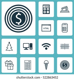 Set Of 12 Universal Editable Icons. Can Be Used For Web, Mobile And App Design. Includes Elements Such As Desktop Computer, Frozen Food, Investment And More.