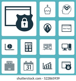 Set Of 12 Universal Editable Icons. Can Be Used For Web, Mobile And App Design. Includes Elements Such As Financial, Birthday Cake, Hotel Construction And More.