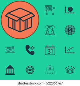 Set Of 12 Universal Editable Icons. Can Be Used For Web, Mobile And App Design. Includes Elements Such As Dialogue, Open Cardboard, Analytics And More.