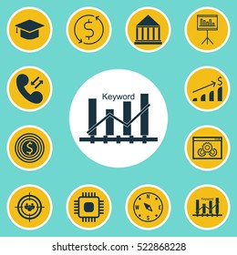 Set Of 12 Universal Editable Icons. Can Be Used For Web, Mobile And App Design. Includes Elements Such As Education Center, Keyword Optimisation, Focus Group And More.