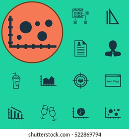 Set Of 12 Universal Editable Icons. Can Be Used For Web, Mobile And App Design. Includes Elements Such As Curriculum Vitae, Circle Graph, Measurement And More.