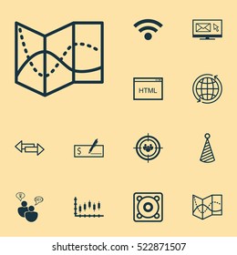 Set Of 12 Universal Editable Icons. Can Be Used For Web, Mobile And App Design. Includes Elements Such As Road Map, Wireless, Stock Market And More.