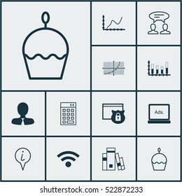 Set Of 12 Universal Editable Icons. Can Be Used For Web, Mobile And App Design. Includes Elements Such As Birthday Cake, Achievement Graph, Library And More.
